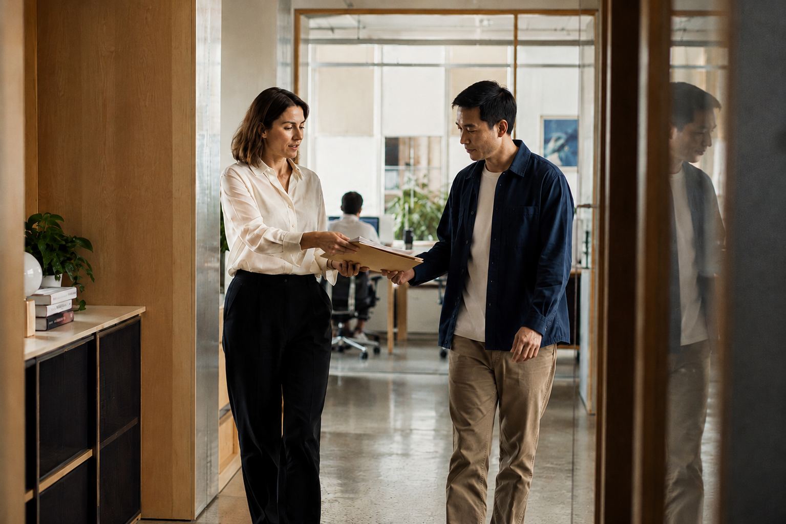 Two colleagues passing a folder while walking through an office.