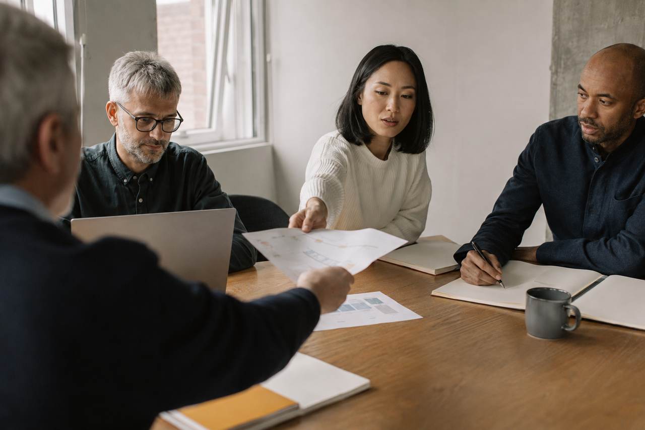Colleagues reviewing a document together around a table.